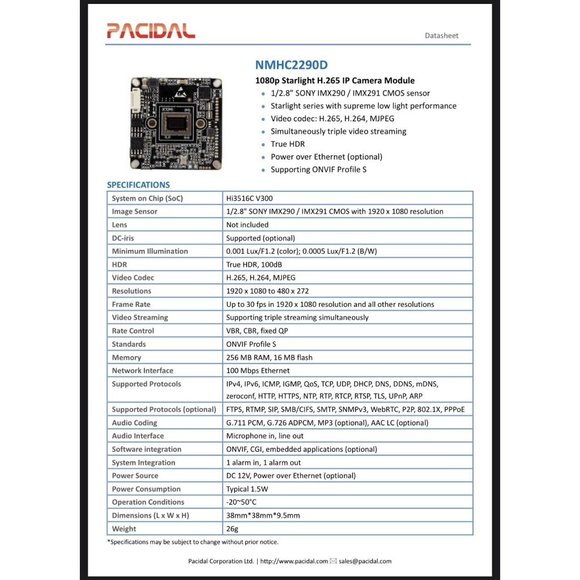 NMHC2290D 1080p Starlight H.265 IP Camera Module CMOS 1/2.8" SONY IMX290/IMX291 - Picture 7 of 8